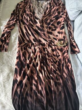Jennifer Lopez Pink and Black Leopard-Print Wrap Long Sleeve Dress